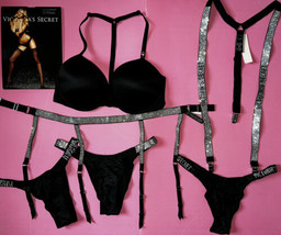 Victoria&#39;s Secret 34D Bra Set+Garter+Panties+Suspenders Shine Strap Black Silver - £156.42 GBP