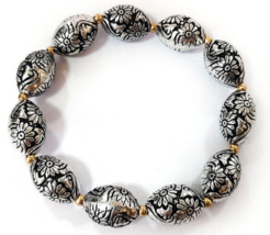 Textured Flower Beaded Stretch Bangle Bracelet Silver - £9.82 GBP