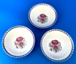 Set of 3 Vintage Cereal Bowls Rose Design Shimmer Blue Edge Japan - $18.65