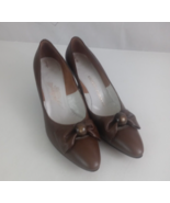Julianelli Harzfeld&#39;s-Kansas City Brown Leather Pumps With Beaded Bow Ac... - $94.72 CAD