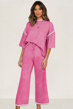 Bright Pink Contrast Trim Half Sleeve Top Drawstring Pants Loose 2pcs Sw... - $815.83 MXN