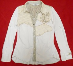 Elisa Cavaletti Long Sleeve Blouse White / Ecru Cotton Lace &amp; Ec Logo Sz M - £31.46 GBP