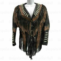 New Women&#39;s Black Western Beaded Suede Leather Jacket Cowgirl Fringed Jacket-755 - £232.52 GBP