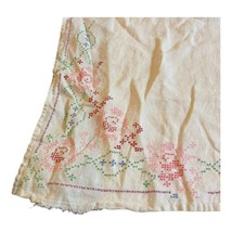 Pink Roses Floral Cross Stitch Victorian Cottage Core Square Tablecloth 32&quot; READ - £29.33 GBP