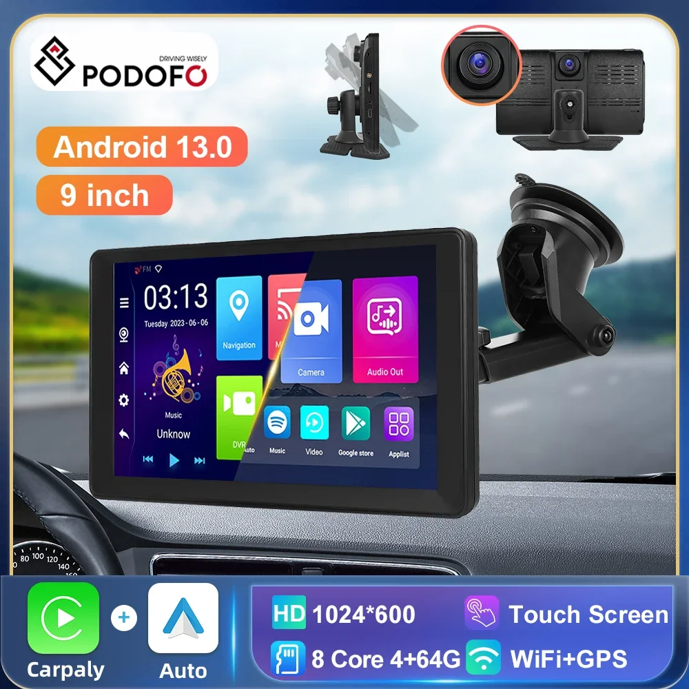 Podofo 9” Android Car DVR Monitor Android 13 4+64G Dash Cam Carplay Android auto - £149.54 GBP+