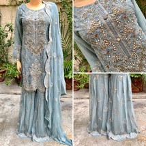 Pakistani Light Blue Straight Style Embroidered Sequins Chiffon Gharara Dress,XL - £99.35 GBP