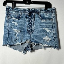 American Eagle Next Level Stretch Super Hi-Rise Shortie Denim Shorts Size 6 Blue - $25.47