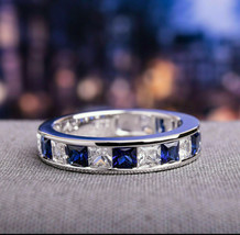 Anniversary Band 3Ct Simulated Diamond &amp; Sapphire Ring 14K White Gold Size 8.5 - £206.79 GBP