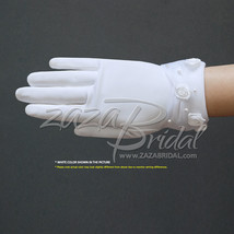 Dull matte satin girl&#39;s gloves w/ faux pearl &amp; rose accents sheer organza cuff - £15.81 GBP