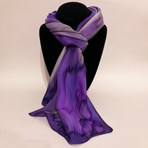 Hand Painted Silk Scarf Eggplant Orchid Purple Silver Rectangle Unique Women New - £45.03 GBP