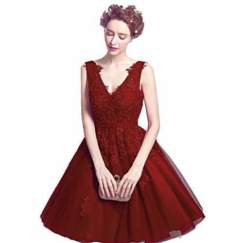Kivary Sheer V Neck Pearls Beaded Lace Short Prom Homecoming Dresses Burgundy US