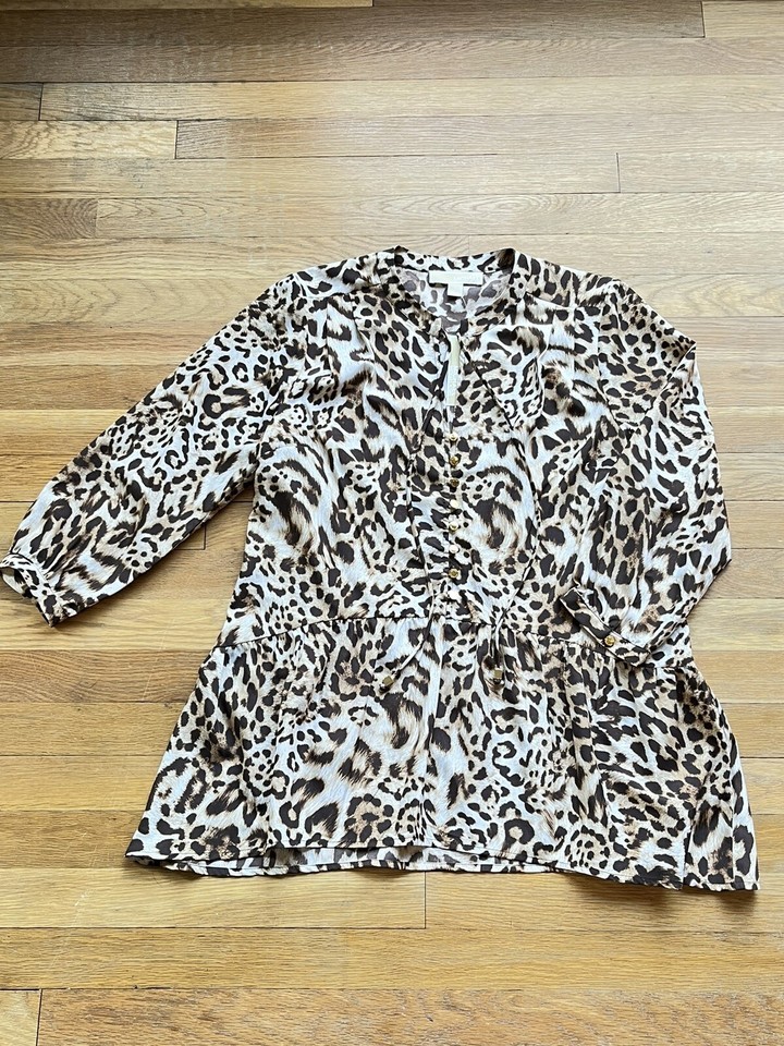 Michael Kors Womens Blouse Brown Size 8 Leopard Print Peplum MSRP $150 - $59.39