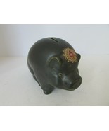 VTG CERAMIC COIN BANK BLACK HOG PIGGY WITH CLOTH FLOWER 4.25&quot;H NO STOPPER - $146.08 MXN