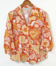 Coldwater Creek WM L Orange Collared Button Up Cotton Cuffed Sleeve Floral Print - £18.48 GBP