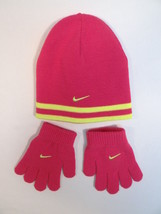 Nike Swoosh Pink &amp; Yellow Knit Beanie &amp; Knit Stretch Gloves Youth Girls ... - £20.40 GBP