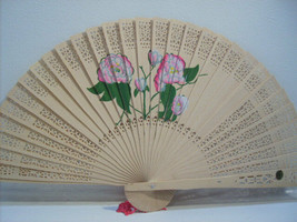 Asian Carved Hand Held Folding Fan Hand Painted with Floral Flowers # 13 - $12.86