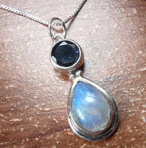 Moonstone and Faceted Iolite Teardrop 925 Sterling Silver Necklace h136i - £14.05 GBP