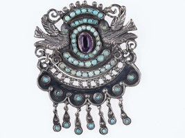 Large Vintage Matl Sterling Turquoise Amethyst repousse birds pendant/pin - £1,142.66 GBP