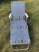 Webbed Vintage Sunbeam Aluminum Folding Chaise Lounge Chair Blue &amp; White &amp; Gold - £51.80 GBP
