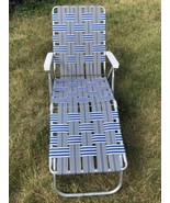 Webbed Vintage Sunbeam Aluminum Folding Chaise Lounge Chair Blue &amp; White... - £50.81 GBP