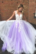 A-Line Purple Tulle V-neck Floor Length Prom Dress with White Appliques - £138.26 GBP