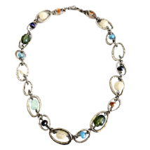 Vintage Textured MultiColor Stone Inset Oval Link Chain 18.5&quot; Necklace - £14.23 GBP