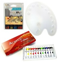 Painting Starter Kit 12 Color Acrylic Paints, 15 Brushes with Painters P... - $18.99