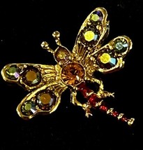 Jay Strongwater Crystal Encrusted Dragonfly Brooch Pin Gold Tone w/ Enamel - £86.62 GBP