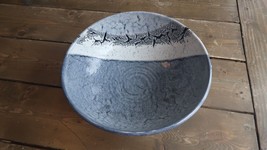 Vintage Outsider ART Signed BLUE Pottery Bowl 11.5 x 4.5 inches - £79.52 GBP