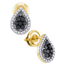 10k Yellow Gold Black Color Enhanced Diamond Teardrop Cluster Stud Earrings - £205.91 GBP