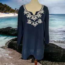JM Collection Linen Tunic Top M Beaded Embroidered Shirt Navy Blue White... - £19.37 GBP