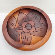 Wooden Bowls Teak Wood Set of Two Hand-Carved Floral Flowers 5.75” Diameter - £14.35 GBP