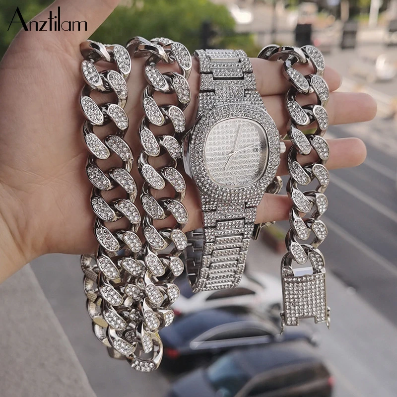 Anztilam Bling Iced Out Cuban Chain Set Necklace &amp; Watch &amp; Bracelet Paved Rhines - £42.98 GBP