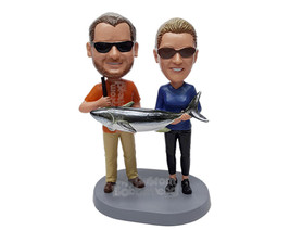 Custom Bobblehead Fishing couple holding a huge fish wearing casual sporty cloth - £119.61 GBP
