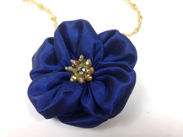 Handmade Fabric Navy Blue Poppy 3.5&quot; Crystal Flower Pendant Necklace Brooch Pin - £11.90 GBP+