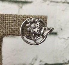 Flower &amp; Butterfly Lapel Pin Brushed Silver Toned - £7.76 GBP