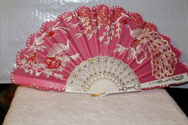 FAN ( SMALL HAND TYPE FAN ) WITH PEACOCK PEACOCKS FLOWERS FLOWER DARK PI... - £6.32 GBP