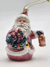 Vtg Iridescent Glazed Ceramic Santa with Wreath and Lantern Christmas Ornament - £9.61 GBP