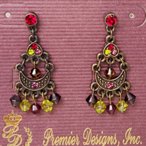 Premier Designs Antique Brass Red/Purple/Green Bead Dangle Bohemian Earr... - $7.00