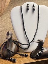 OOAK Black Beaded Tie Necklace with Rhinestone Accents Jewelry Set - $18.00