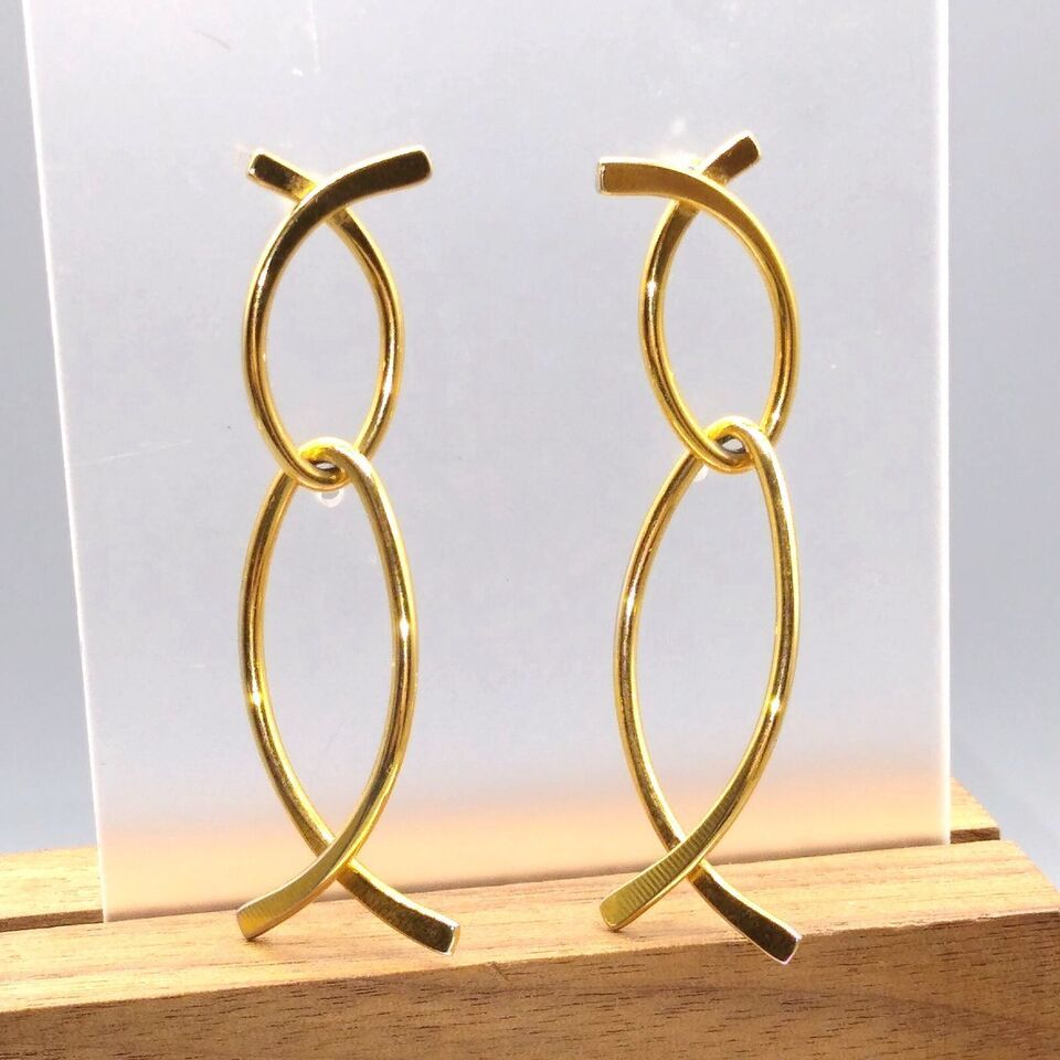 Primary image for Christian Fish Wire Dangle Earrings, Unique Ichthus Faith in Gold Tone, Larger