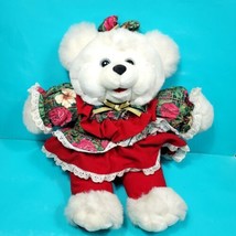 Christmas Teddy Bear Stuffed Plush White Holly Berry Bear Floral 1995 Re... - $29.69