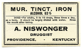 Vintage Pharmacy Label MUR. TINCT. IRON Alcohol 83% A. Niswonger Providence KY - £23.12 GBP