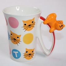 Indra Stoneware Cat Coffee Mug Vintage With Cat On Handle Hand Painted Colorful - £6.89 GBP