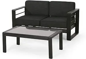 Cheney Bay Outdoor Aluminum Loveseat and Coffee Table Set, Black and Gray - $1,397.99