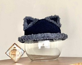 Grey gray children&#39;s hat with ears, the top is fluffy at the edges, crochet hat  - £78.66 GBP