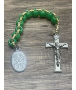 Vintage Pray For Us Inri Crucifix Hand Beaded Green Beads Rosary Religio... - $13.56 CAD