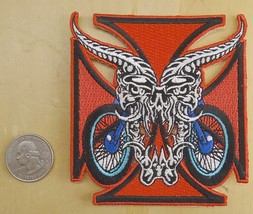 Iron Cross Demon Skull &amp; Wheels IRON-ON/SEW-ON Embroidered Patch 3 1/2&quot;x 3 3/4 &quot; - £4.54 GBP