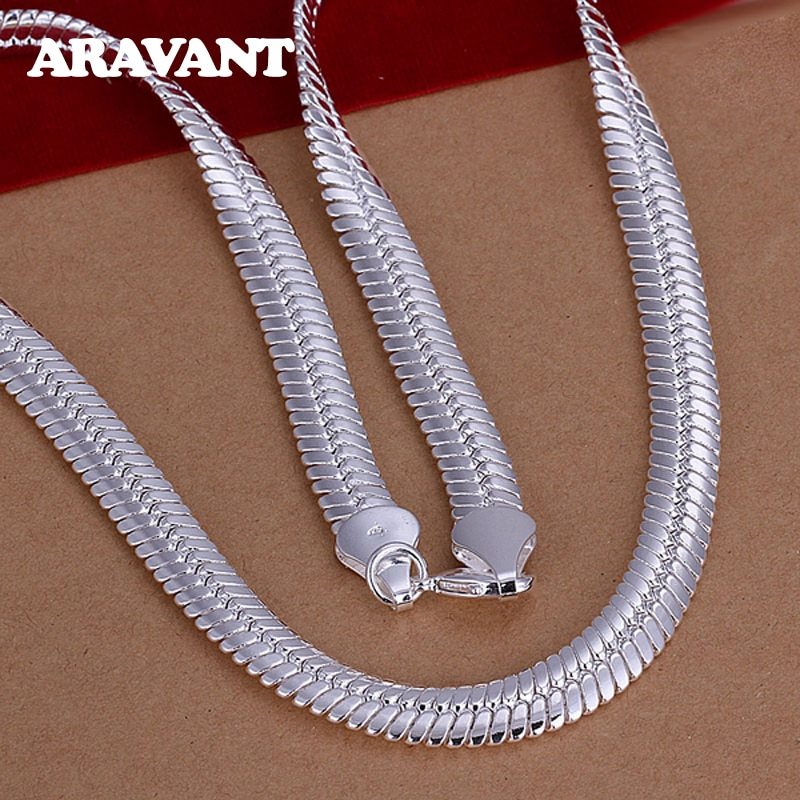 925 Silver 10MM 20inch Flat Chain Necklace For Men Women Silver Necklaces Fashio - £20.95 GBP