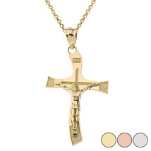 10K Solid Gold INRI Wavy Wave Jesus Crucifix Pendant Necklace - £103.51 GBP+